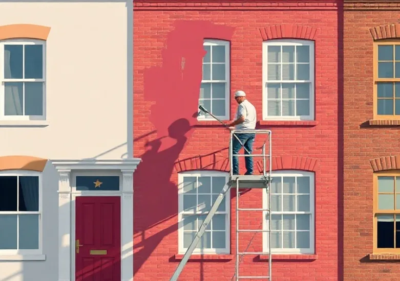 Peintre sur échafaudage traitant la façade d'une maison
